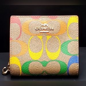 Womens Coach Snap Wallet In Rainbow Signature Canvas with zipper